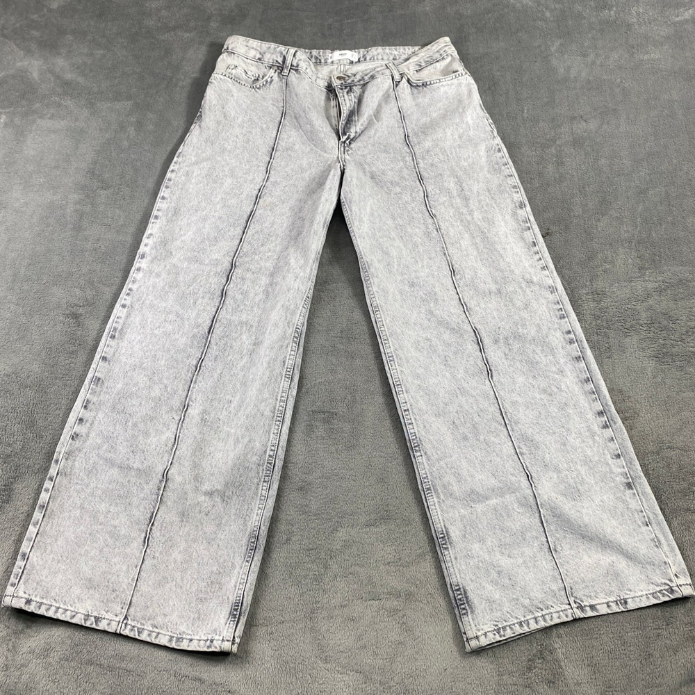 Mango MNG Jeans Womens 12 Gray Acid‎ Wash Wide Leg High Rise Front Seam Denim
